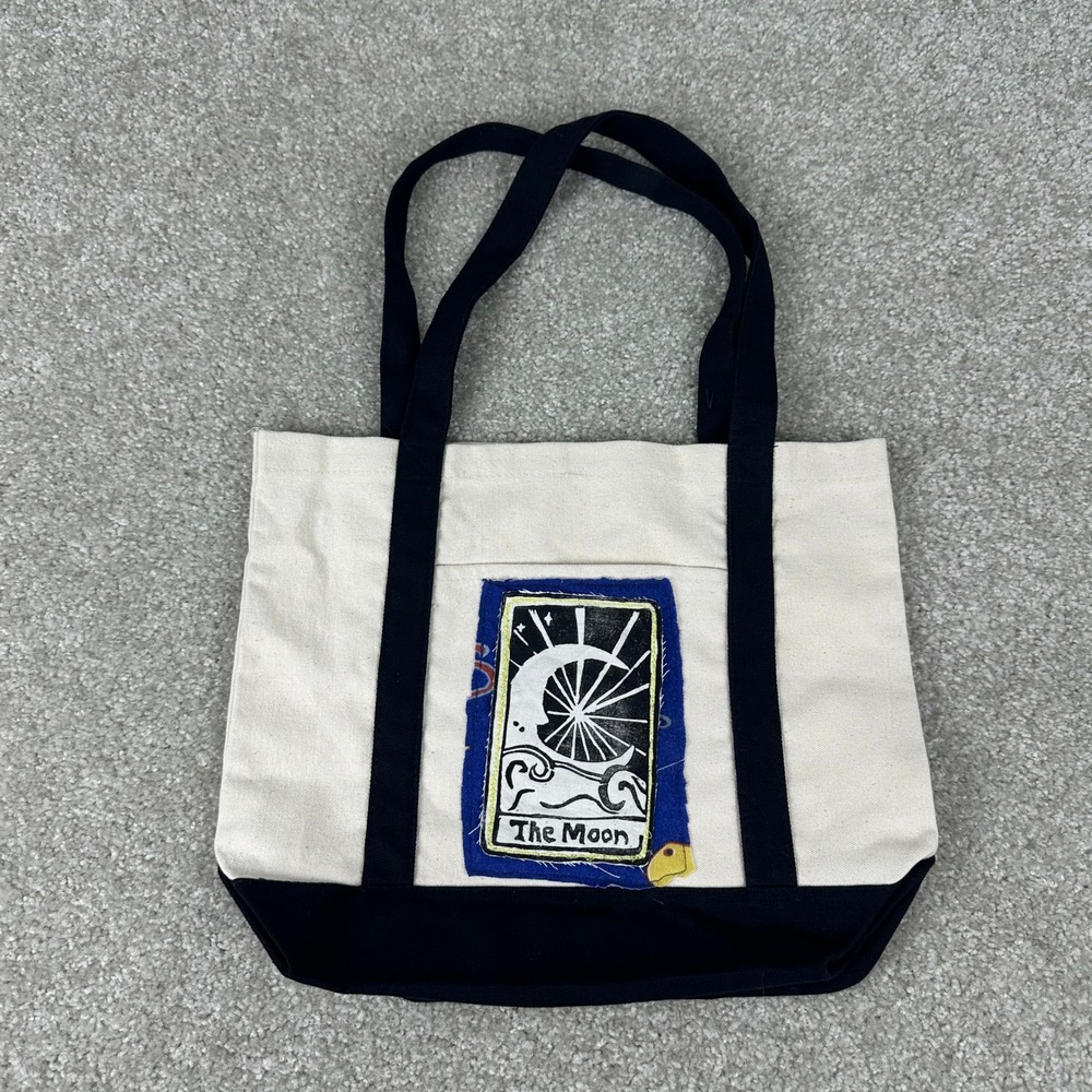 The Moon Tarot Card Canvas Tote Bag Black Celestial Linocut Handmade Shopper